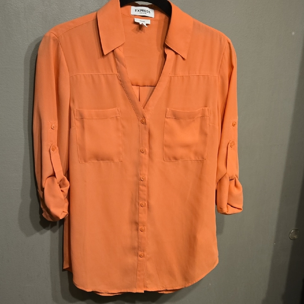 Express Coral-Orange Button-Front Collared Shirt